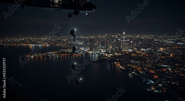 Fototapeta Special Forces Rappelling from Helicopter Over Night City – Dynamic Aerial Angle with Urban Lights, Cinematic 4K Tactical Insertion Scene