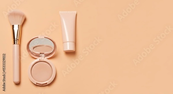 Fototapeta Flatlay of Makeup Brush, Compact Powder, and Skincare Tube on Peach Pastel Background – Feminine Beauty Essentials with Natural Lighting, No Branding