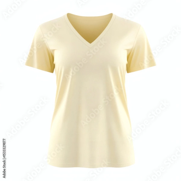Fototapeta Plain light yellow V-neck t-shirt 3D mockup showcasing front view for women's casual wear presentation on white background.