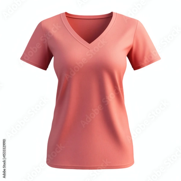 Fototapeta Plain coral/light red V-neck t-shirt 3D mockup showcasing front view for women's casual wear presentation on white background.