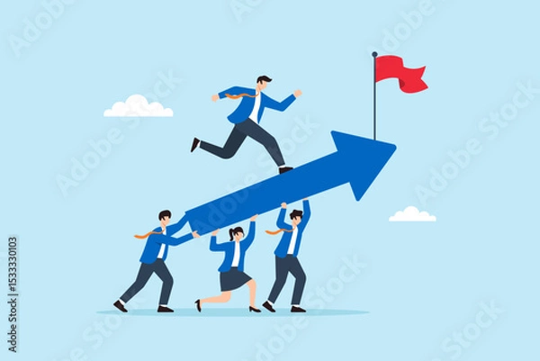 Fototapeta Flat illustration of business team supporting upward arrow while leader runs on top to reach red flag symbolizing achievement and collective success