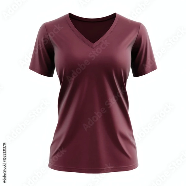 Fototapeta Plain maroon V-neck t-shirt 3D mockup showcasing front view for women's casual wear presentation on white background.
