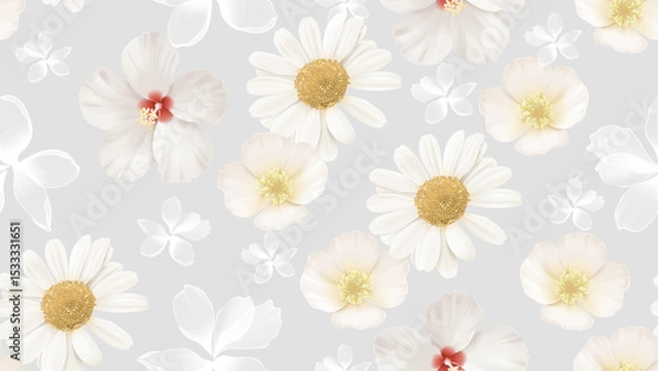 Obraz Floral seamless pattern features various white flowers, including daisies, California poppy and hibiscus scatter randomly on a soft gray background