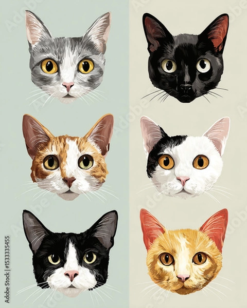 Fototapeta A collection of six cat faces with different colors and patterns shown close up