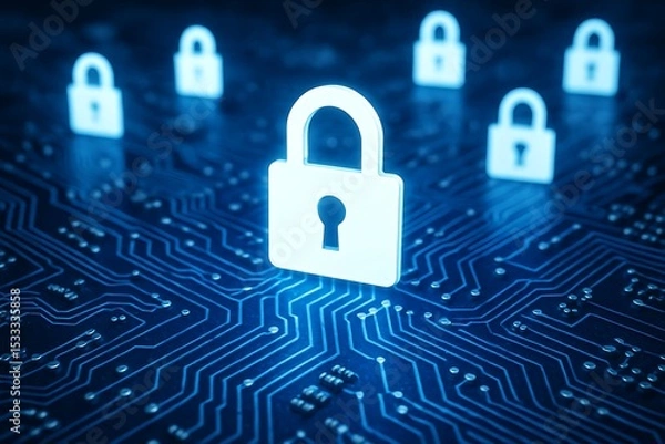 Obraz Glowing padlocks secure a blue circuit board network