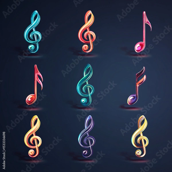 Fototapeta A collection of colorful musical notes and treble clefs on a dark background