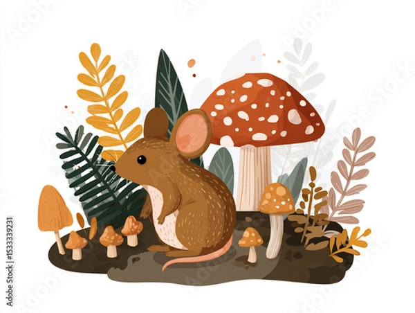 Fototapeta A charming illustration of a mouse surrounded by mushrooms and foliage