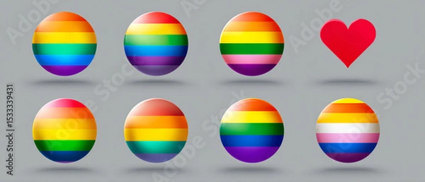Fototapeta Collection of lgbtq pride flag spheres and a red heart on a gray background