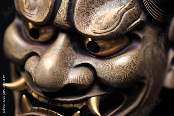 Obraz Close-up of intricately carved wooden mask with gold-rimmed eyes, red accents, and fierce teeth in warm ochre tones, evoking ancient mystery and cultural ritual