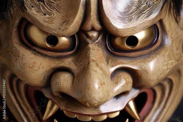 Obraz Close-up of intricately carved wooden mask with gold-rimmed eyes, red accents, and fierce teeth in warm ochre tones, evoking ancient mystery and cultural ritual