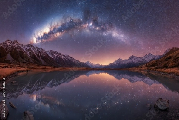 Obraz Milky Way arch over tranquil lake, reflecting stars and mountains at night. Scenic cosmic landscape with galaxy, water reflection, and dark sky.