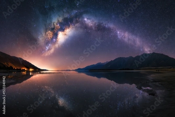 Obraz Milky Way arch over tranquil lake, reflecting stars and mountains at night. Scenic cosmic landscape with galaxy, water reflection, and dark sky.