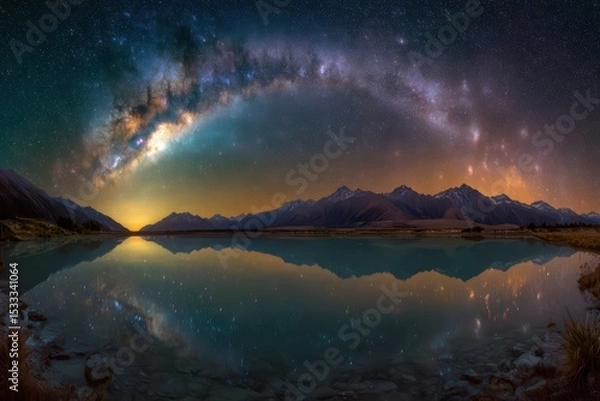 Obraz Milky Way arch over tranquil lake, reflecting stars and mountains at night. Scenic cosmic landscape with galaxy, water reflection, and dark sky.