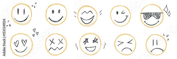 Fototapeta Doodle smile emoji face icon set. Kids hand drawn sketch. Emoticons with different emotion. Mood, confused, sad, happy, in love, smiling scribble. Freehand drawing comic isolated vector illustration
