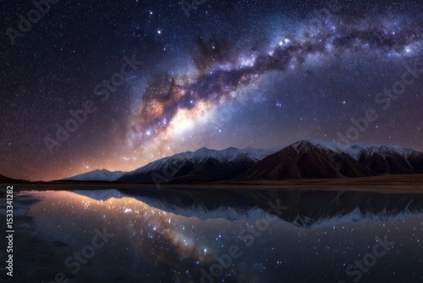 Obraz New Zealand South Island Milky Way Panorama with Mountain Reflection, Serene Night Sky Scene