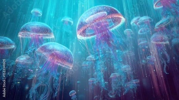 Obraz Blue glowing jellyfish with long tentacles in deep sea. Bioluminescent marine creatures, digital - style dots, and oceanic fantasy scene