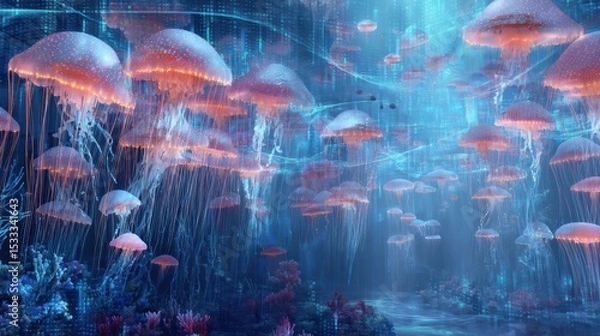Obraz Blue glowing jellyfish with long tentacles in deep sea. Bioluminescent marine creatures, digital - style dots, and oceanic fantasy scene