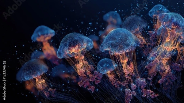Obraz Glowing Jellyfish in Vibrant Coral Reef Ecosystem with Luminous Underwater Fantasy World, Purple Blue Pink Hues