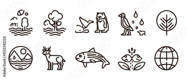Fototapeta Collection of line art icons depicting nature and wildlife on white background