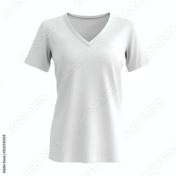 Fototapeta Plain white V-neck t-shirt 3D mockup showcasing front view for women's casual wear presentation on white background.