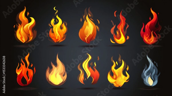Fototapeta Collection of ten stylized fire illustrations against a dark background