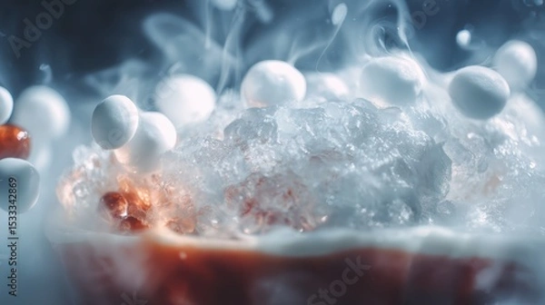 Obraz Molecular Gastronomy Lab Close-Up of Ice Crystals and Liquid Splash, Scientific Culinary Experiment with Cryogenic Techniques