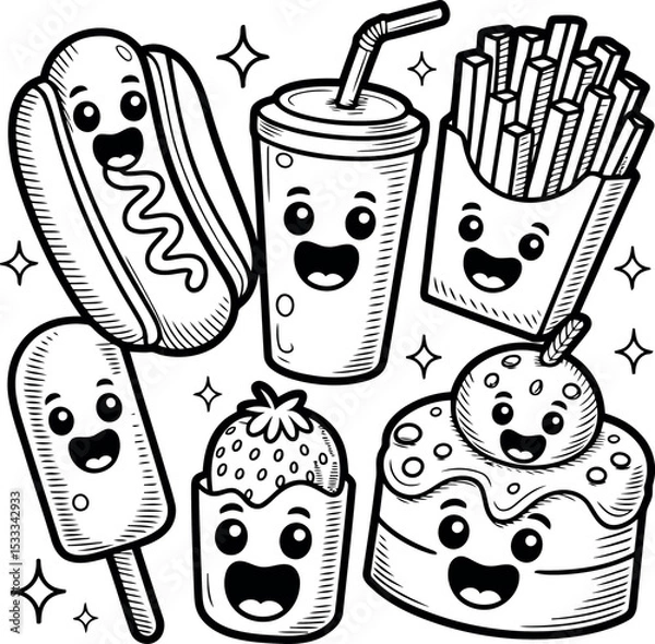 Fototapeta A delightful coloring page of happy food characters. This kawaii doodle features a cheerful hot dog, fries, soda, cake, and an ice cream bar, all with joyful expressions ready to be colored.