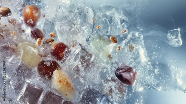 Obraz Molecular Gastronomy Lab Close-Up of Ice Crystals and Liquid Splash, Scientific Culinary Experiment with Cryogenic Techniques