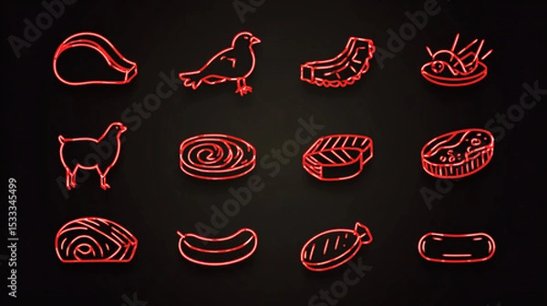 Fototapeta Neon red outline icons of various meats on a black background displayed