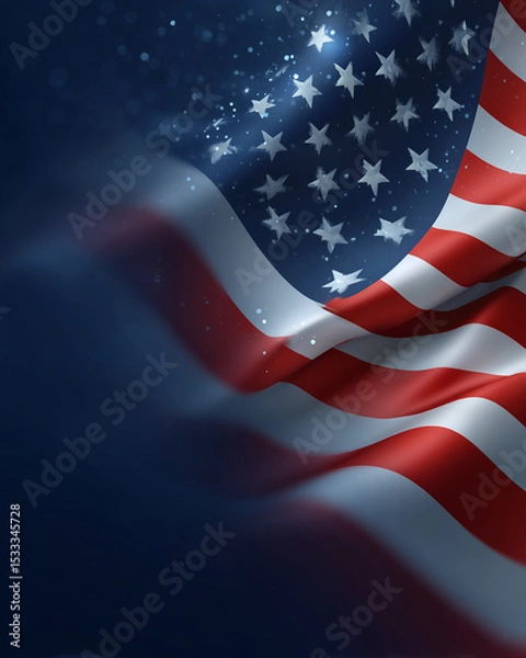 Fototapeta American flag waving in the wind with stars and stripes on a dark blue sky