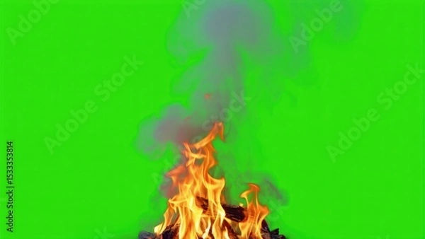 Fototapeta Fiery Display with Smoke on Green Screen: An enchanting, dynamic shot that presents flames and smoke with vibrant textures, set against a striking green screen backdrop.