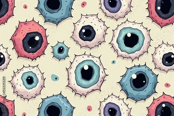Fototapeta pastel weird pattern with hand drawn eyes. Spooky halloween background with different eerie eyes and eyeballs