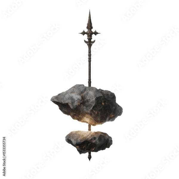 Fototapeta Ornate Spear Piercing Two Floating Rocks