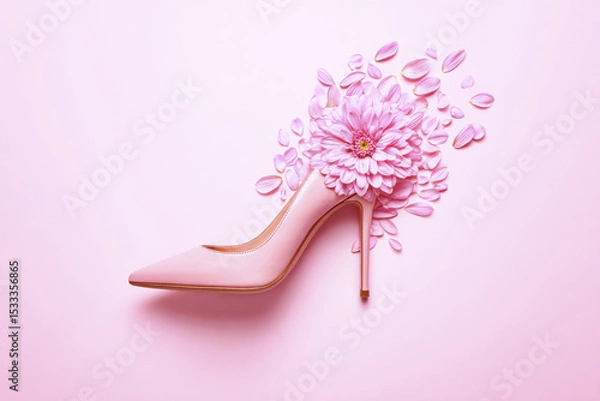 Obraz Single pink high heel shoe with large pink flower and scattered petals on soft pink background, creating delicate and elegant feminine composition