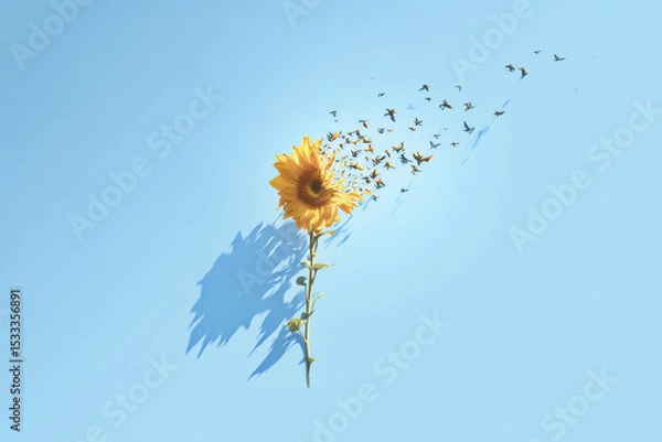 Obraz Single sunflower with yellow petals on stem appears to transform into flying birds against clear blue sky, creating peaceful and imaginative scene