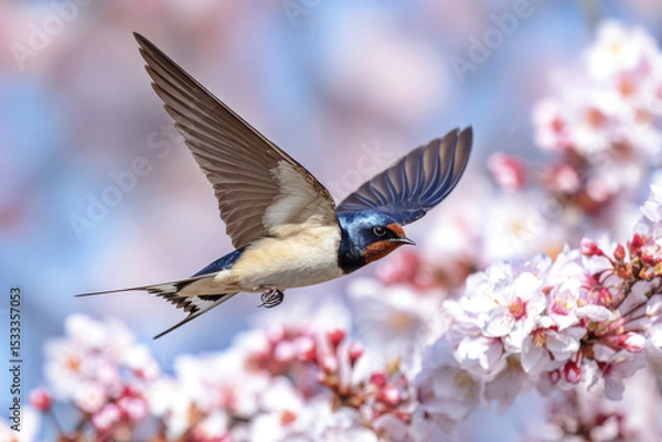 Obraz Swallow bird with blue and orange feathers gracefully flies near blooming white and pink cherry blossom flowers in spring, capturing lively and fresh moment in nature