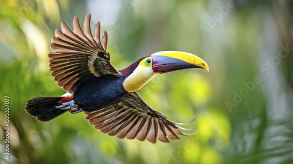Obraz Colorful toucan with large yellow beak flies gracefully through lush green jungle, its wings fully spread in midflight, showcasing vibrant feathers and natural beauty