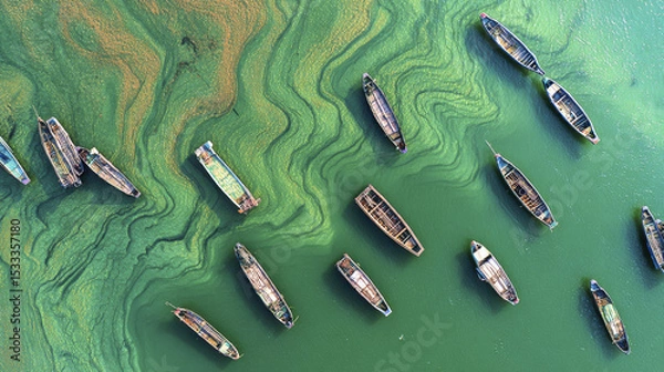 Obraz Abstract aerial shot of wooden boats floating on green water with swirling patterns, creating peaceful and artistic coastal scene full of natural beauty and calmness