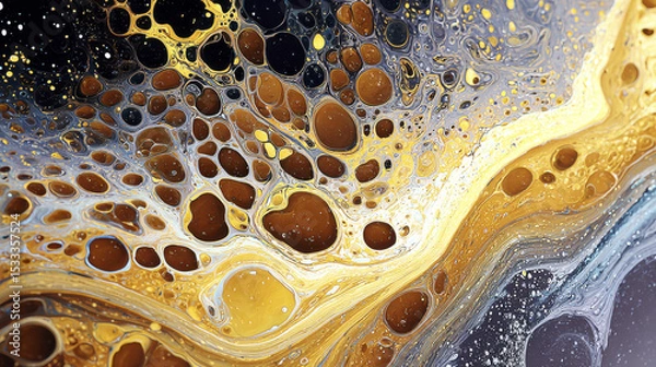 Fototapeta Abstract fluid art with swirling pigments in brown, yellow, and black tones creating cell like pattern with dynamic flowing shapes and textured details, evoking natural and vibrant feeling