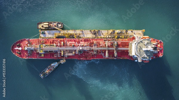 Obraz Aerial view of large red liquefied gas tanker ship transferring cargo to smaller vessel on calm blue water, showing industrial pipes and equipment on deck