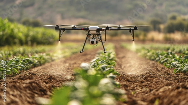 Obraz Agricultural drone spraying crops in green field with mountains in background, showcasing modern farming technology and innovation for food security