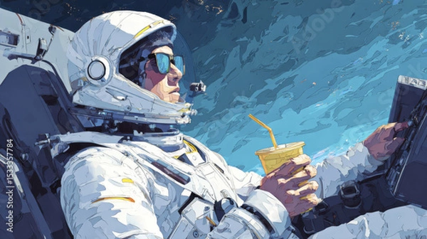 Obraz Astronaut in white space suit wearing sunglasses and holding drink with straw inside spacecraft cockpit, looking focused and calm during space travel