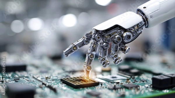 Fototapeta Robotic hand with intricate mechanical joints is touching glowing microchip on circuit board, symbolizing advanced technology and futuristic innovation in electronics