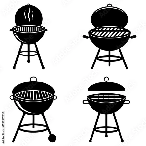 Fototapeta Four black and white barbecue grills with open lids and different stand designs in a vector illustration