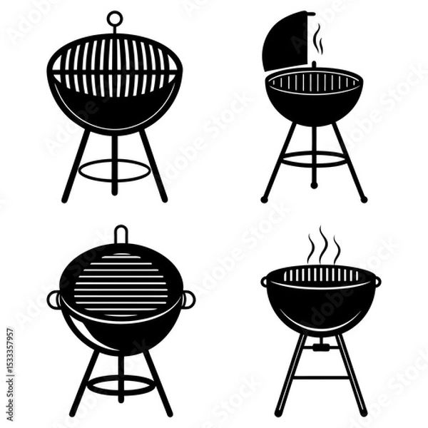 Fototapeta Illustration showing four different barbecue grills in black and white silhouette style design format