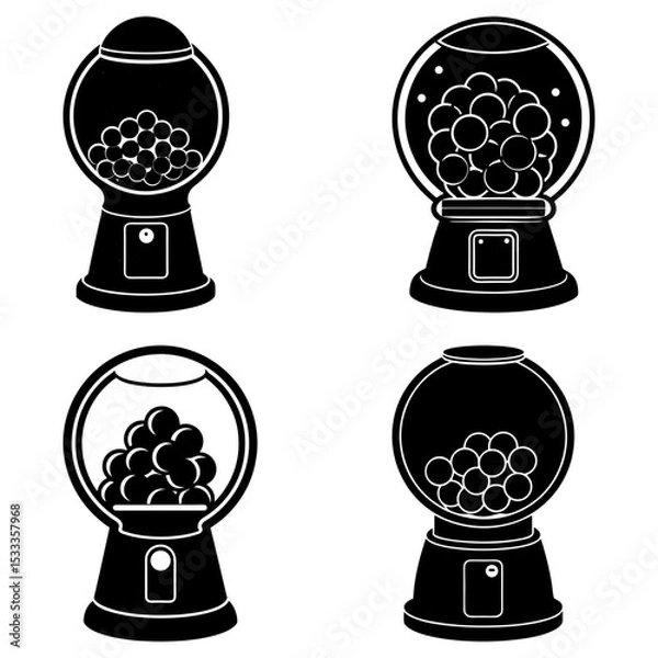 Fototapeta Four gumball machines in black and white showing different styles and angles of the classic candy dispenser