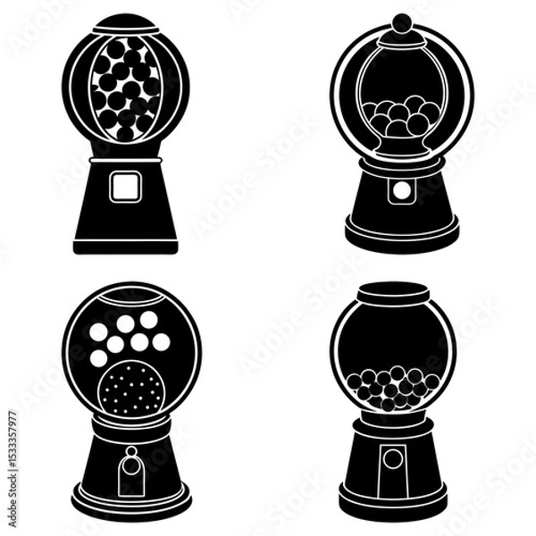 Fototapeta Collection of four black and white gumball machines with varying amounts of gumballs inside each one
