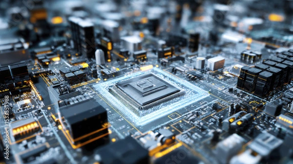 Obraz Close up of futuristic microchip on circuit board with glowing connections, showcasing advanced technology and electronic components in high tech environment