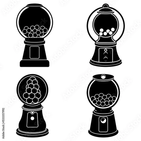 Fototapeta Illustration showing four gumball machines with varying designs and filled with gumballs on a white background