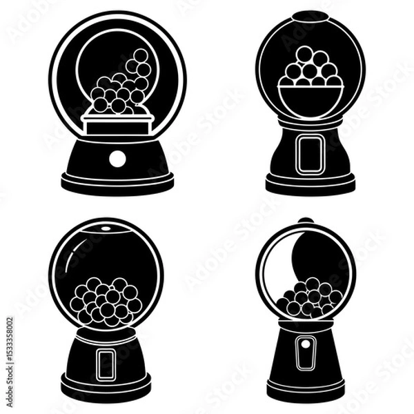 Fototapeta Collection of four black and white gumball machines in varying states of fullness and design style